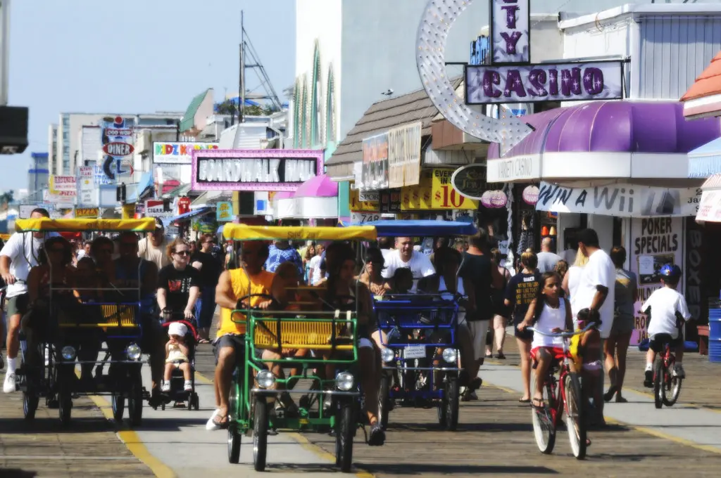 The Wildwood Boardwalk with its amusement rides and colorful signs