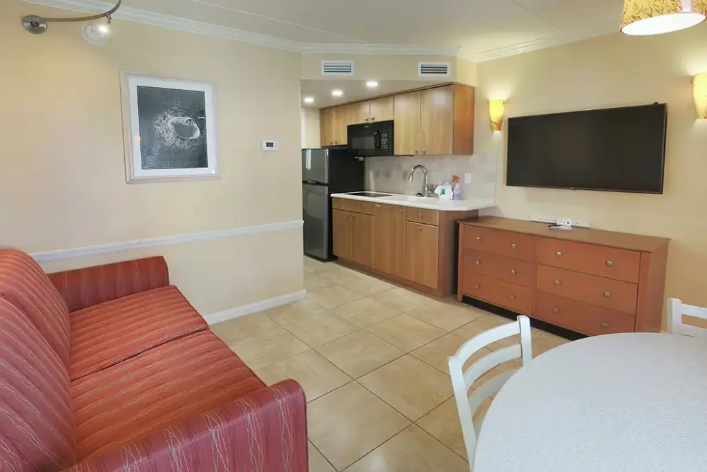 Type E sitting area and kitchenette